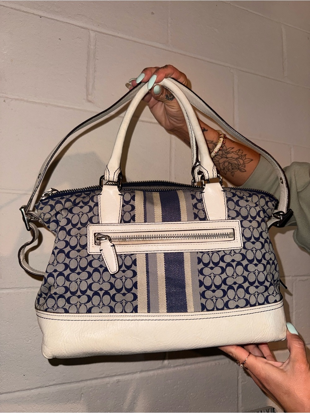 Coach Navy Signature Stripe Satchel with White Trim - Picture 2 of 3